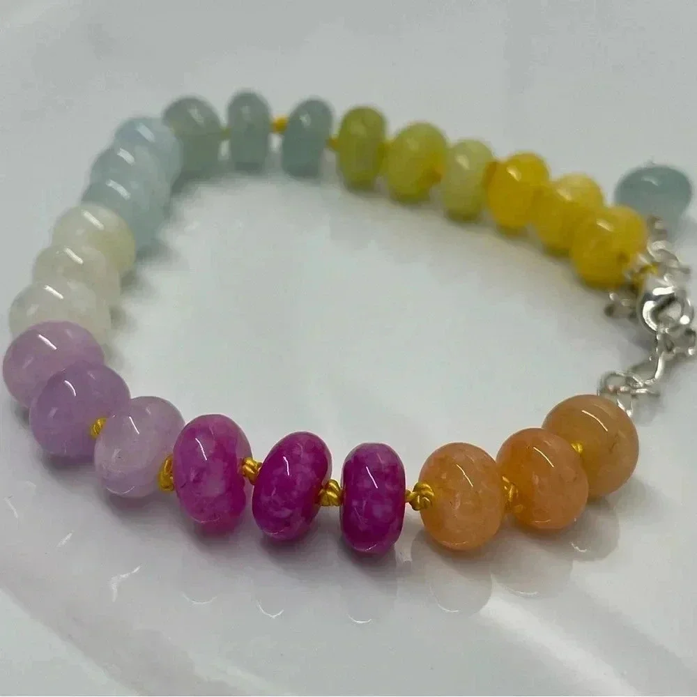Rainbow Beaded Hand Knotted Bracelet Sterling Silver Silk Crystal Quartz Ombré - Picture 5 of 8
